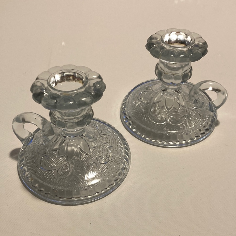 Cut Glass Candle Holder Set of 2 w/ Finger Loop Handles